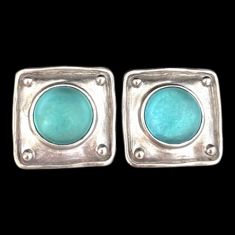 Vintage 1980s Cabochon Earrings Aqua Blue Matte Silver Tone Gripoix Style - 7J